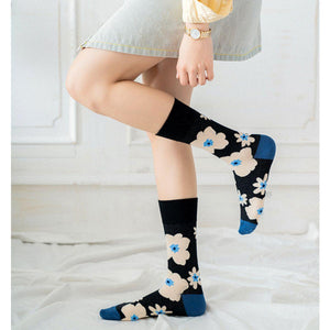 3 Pair Flower Print Stylish Cotton Blend Crew Socks - MoSocks