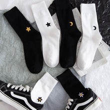 Load image into Gallery viewer, 6 Pair Moon Star Sun Embroidery Cotton Crew Socks - MoSocks
