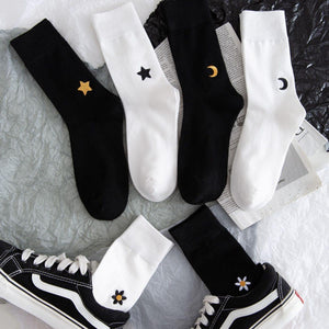 6 Pair Moon Star Sun Embroidery Cotton Crew Socks - MoSocks