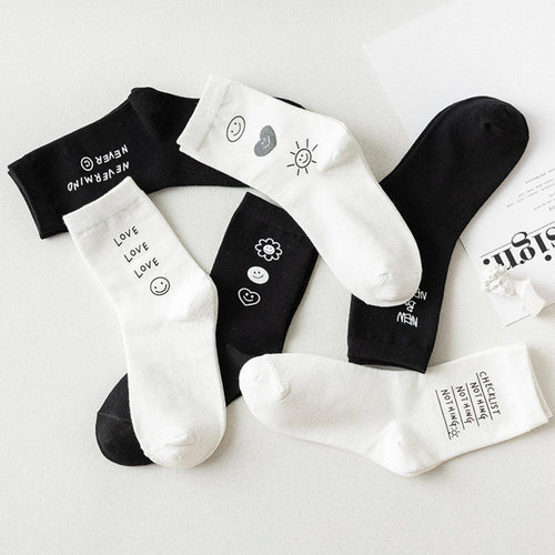6 Pair Letter Print Simple Stylish Cotton Blend Crew Socks - MoSocks
