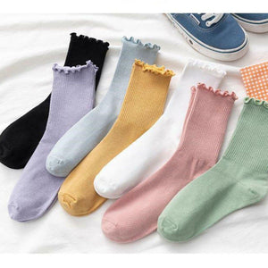 7 Pair Ruffled Top Pastel Tone Stylish Cotton Blend Crew Socks - MoSocks