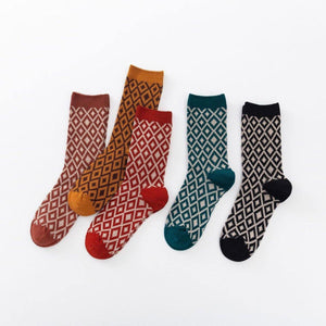 5 Pair Double Thread Plaid Diamond Pattern Retro Style Cotton Blend Socks - MoSocks
