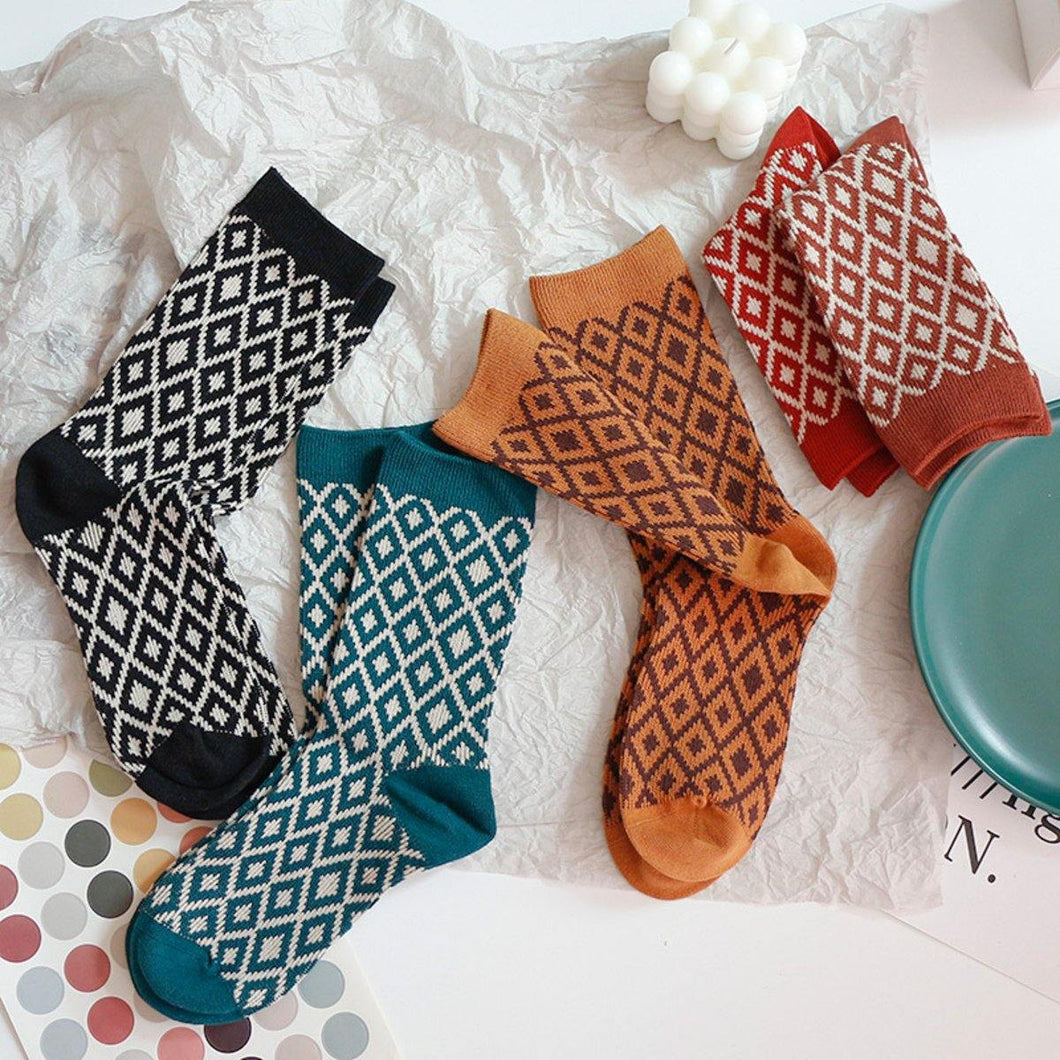 5 Pair Double Thread Plaid Diamond Pattern Retro Style Cotton Blend Socks - MoSocks