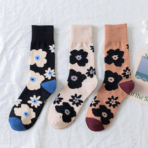 3 Pair Flower Print Stylish Cotton Blend Crew Socks - MoSocks