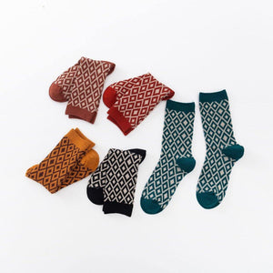 5 Pair Double Thread Plaid Diamond Pattern Retro Style Cotton Blend Socks - MoSocks