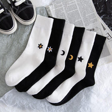 Load image into Gallery viewer, 6 Pair Moon Star Sun Embroidery Cotton Crew Socks - MoSocks
