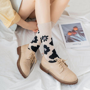 3 Pair Flower Print Stylish Cotton Blend Crew Socks - MoSocks