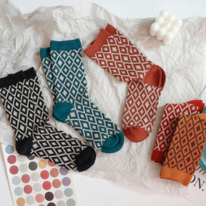 5 Pair Double Thread Plaid Diamond Pattern Retro Style Cotton Blend Socks - MoSocks