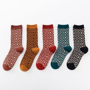 5 Pair Double Thread Plaid Diamond Pattern Retro Style Cotton Blend Socks - MoSocks