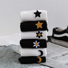 Load image into Gallery viewer, 6 Pair Moon Star Sun Embroidery Cotton Crew Socks - MoSocks
