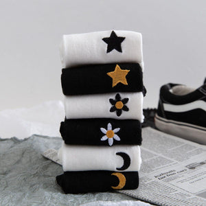 6 Pair Moon Star Sun Embroidery Cotton Crew Socks - MoSocks