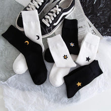 Load image into Gallery viewer, 6 Pair Moon Star Sun Embroidery Cotton Crew Socks - MoSocks
