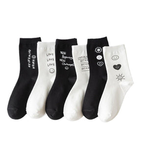 6 Pair Letter Print Simple Stylish Cotton Blend Crew Socks - MoSocks