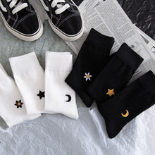 Load image into Gallery viewer, 6 Pair Moon Star Sun Embroidery Cotton Crew Socks - MoSocks
