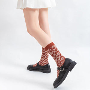 5 Pair Double Thread Plaid Diamond Pattern Retro Style Cotton Blend Socks - MoSocks
