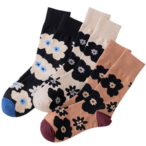 3 Pair Flower Print Stylish Cotton Blend Crew Socks - MoSocks