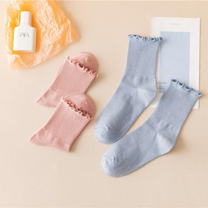 7 Pair Ruffled Top Pastel Tone Stylish Cotton Blend Crew Socks - MoSocks