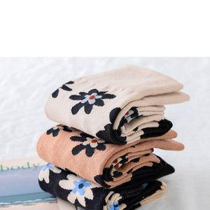 3 Pair Flower Print Stylish Cotton Blend Crew Socks - MoSocks