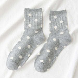 5 Pair White Polka Dot Cotton Blend Crew Socks - MoSocks