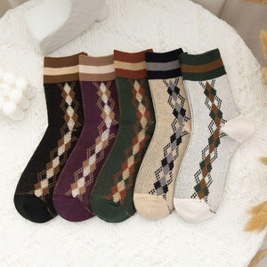 5 Pair Plaid Two Stripe Top Combed Cotton Crew Socks - MoSocks