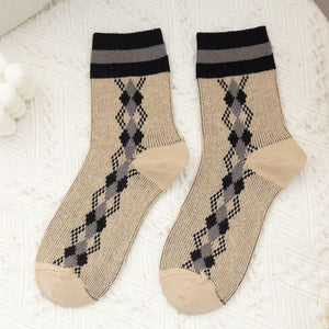 5 Pair Plaid Two Stripe Top Combed Cotton Crew Socks - MoSocks