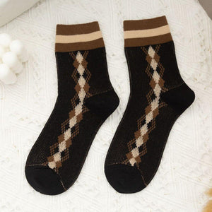 5 Pair Plaid Two Stripe Top Combed Cotton Crew Socks - MoSocks