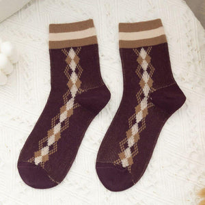 5 Pair Plaid Two Stripe Top Combed Cotton Crew Socks - MoSocks