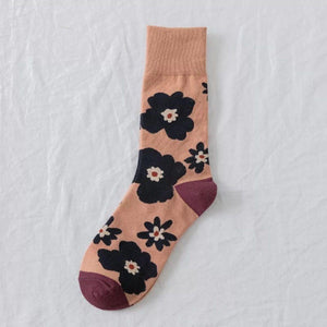 3 Pair Flower Print Stylish Cotton Blend Crew Socks - MoSocks