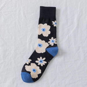 3 Pair Flower Print Stylish Cotton Blend Crew Socks - MoSocks
