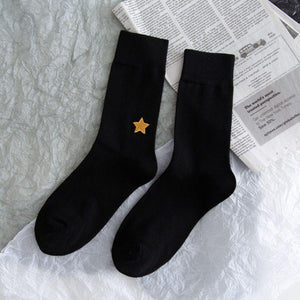 6 Pair Moon Star Sun Embroidery Cotton Crew Socks - MoSocks