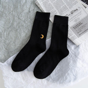 6 Pair Moon Star Sun Embroidery Cotton Crew Socks - MoSocks