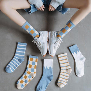 6-pair Blue White Cotton Blend Stylish Socks - MoSocks