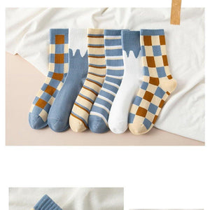 6-pair Blue White Cotton Blend Stylish Socks - MoSocks