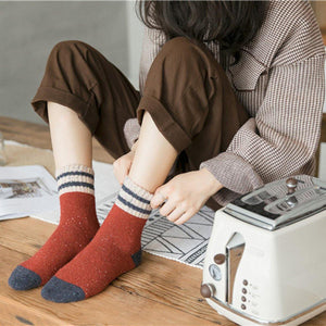 5 Pair Two Stripe Patchwork Wool Warm Soft Comfy Boot Socks - MoSocks