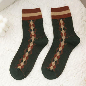 5 Pair Plaid Two Stripe Top Combed Cotton Crew Socks - MoSocks