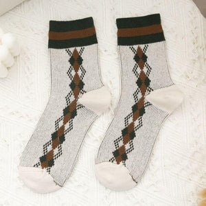 5 Pair Plaid Two Stripe Top Combed Cotton Crew Socks - MoSocks