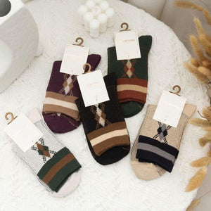 5 Pair Plaid Two Stripe Top Combed Cotton Crew Socks - MoSocks