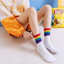 Load image into Gallery viewer, 6 pair Black/White Rainbow Stripes Crew Socks - MoSocks
