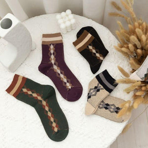 5 Pair Plaid Two Stripe Top Combed Cotton Crew Socks - MoSocks