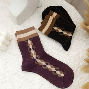 5 Pair Plaid Two Stripe Top Combed Cotton Crew Socks - MoSocks