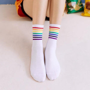 6 pair Black/White Rainbow Stripes Crew Socks - MoSocks