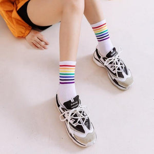 6 pair Black/White Rainbow Stripes Crew Socks - MoSocks