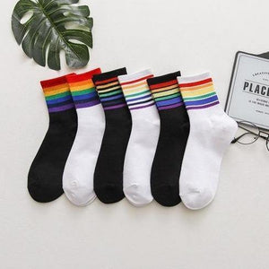 6 pair Black/White Rainbow Stripes Crew Socks - MoSocks