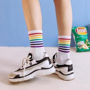 6 pair Black/White Rainbow Stripes Crew Socks - MoSocks