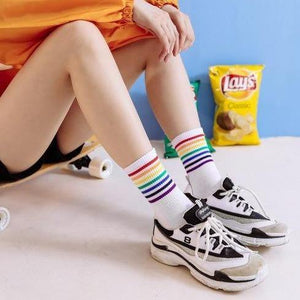 6 pair Black/White Rainbow Stripes Crew Socks - MoSocks