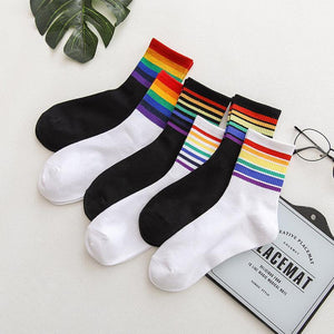 6 pair Black/White Rainbow Stripes Crew Socks - MoSocks