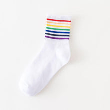 Load image into Gallery viewer, 6 pair Black/White Rainbow Stripes Crew Socks - MoSocks
