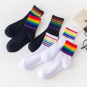 6 pair Black/White Rainbow Stripes Crew Socks - MoSocks