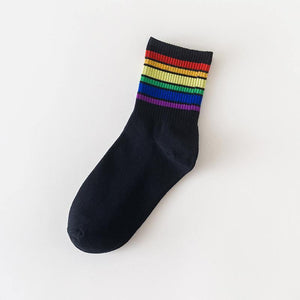 6 pair Black/White Rainbow Stripes Crew Socks - MoSocks