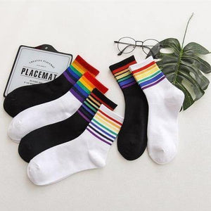 6 pair Black/White Rainbow Stripes Crew Socks - MoSocks